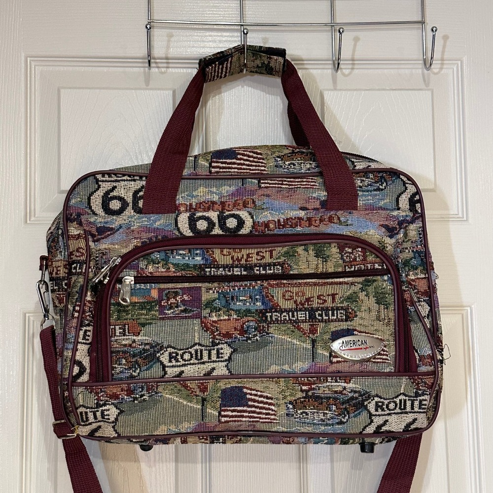 American Uni Route 66 Tapestry Messenger Bag Americana Travel Crossbody Burgundy